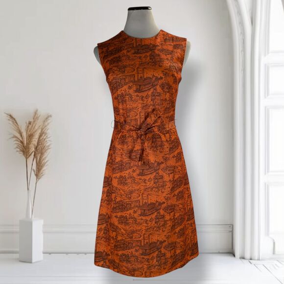 Vintage 60s Mod Belted Shift Dress Size S Orange Americana Print Old West - Picture 2 of 14